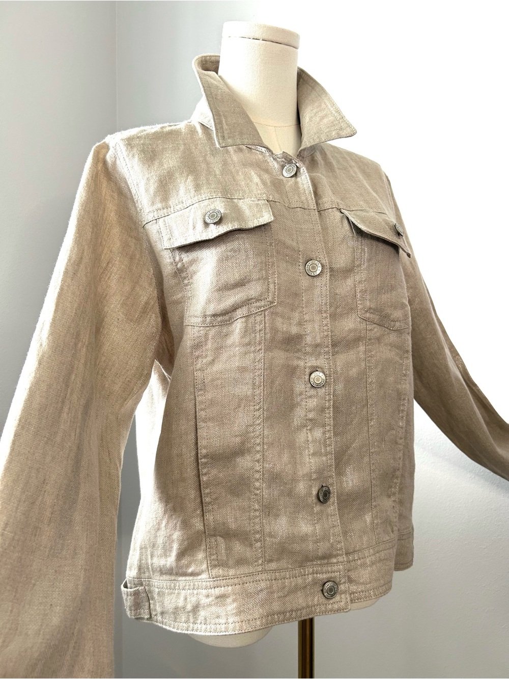 Jones New York Natural Linen Metallic Silver Lightweight Trucker Jacket Womens M